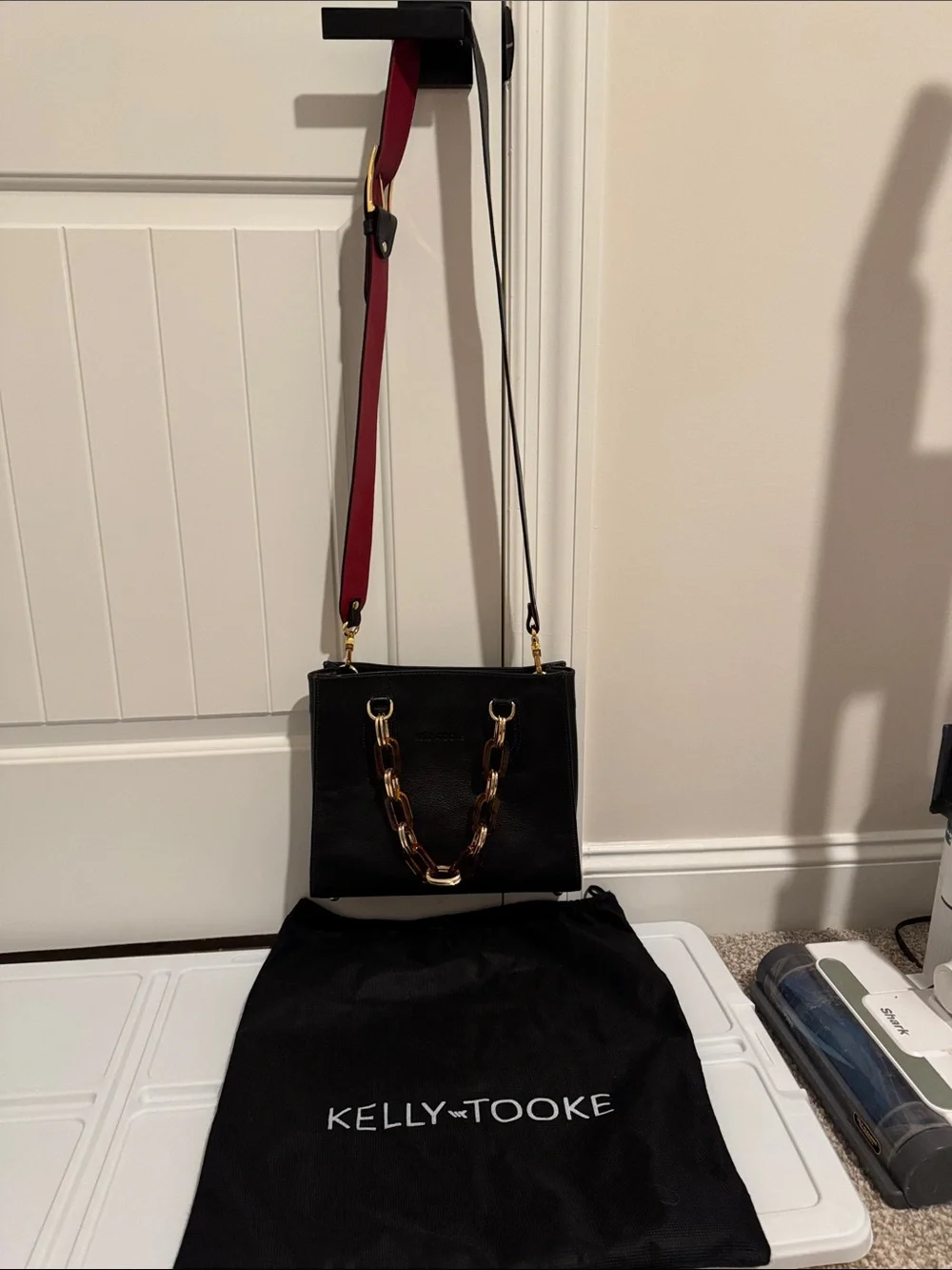 Kelly -Tooke Black Leather Shoulder Bag with Gold Chain Accent